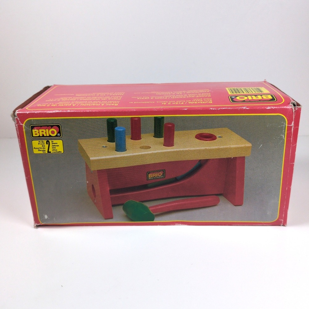 Vtg 90s Brio Knock Out Bench Red Hammer Pegs Natural Wood Toy Mallet BOX
